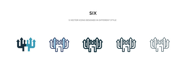 six icon in different style vector illustration. two colored and black six vector icons designed in filled, outline, line and stroke style can be used for web, mobile, ui