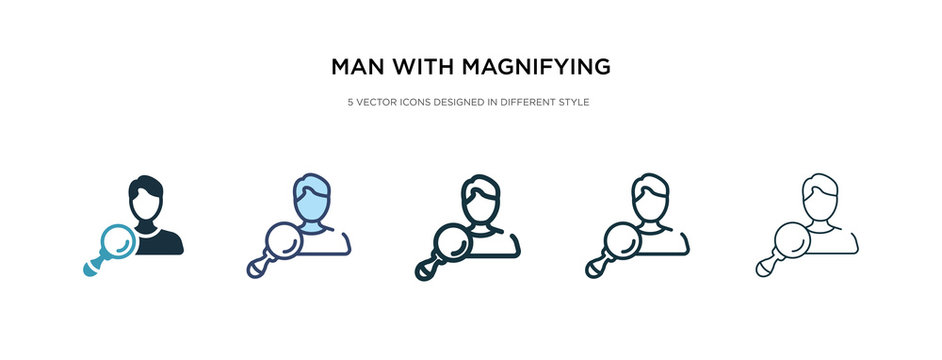 man with magnifying flass icon in different style vector illustration. two colored and black man with magnifying flass vector icons designed in filled, outline, line and stroke style can be used for