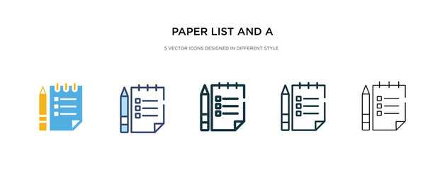 paper list and a pencil icon in different style vector illustration. two colored and black paper list and a pencil vector icons designed in filled, outline, line stroke style can be used for web,