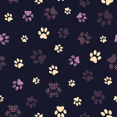 Seamless pattern with patterned paws. Complex illustration print in yellow, lilac, purple, grey and black.