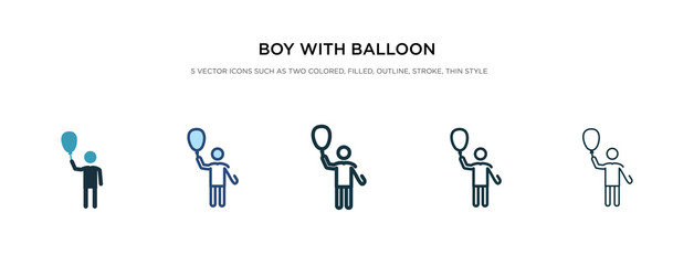 Fototapeta na wymiar boy with balloon icon in different style vector illustration. two colored and black boy with balloon vector icons designed in filled, outline, line and stroke style can be used for web, mobile, ui