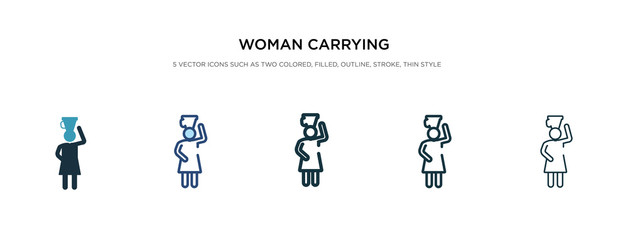 woman carrying icon in different style vector illustration. two colored and black woman carrying vector icons designed in filled, outline, line and stroke style can be used for web, mobile, ui