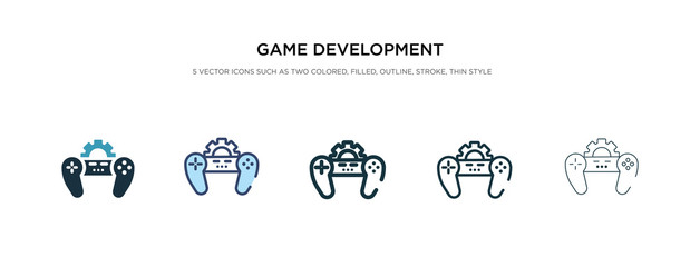 game development icon in different style vector illustration. two colored and black game development vector icons designed in filled, outline, line and stroke style can be used for web, mobile, ui