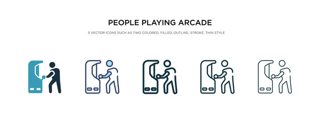 people playing arcade game icon in different style vector illustration. two colored and black people playing arcade game vector icons designed in filled, outline, line and stroke style can be used