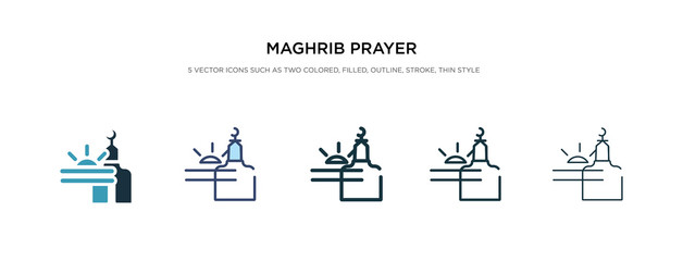 Fototapeta na wymiar maghrib prayer icon in different style vector illustration. two colored and black maghrib prayer vector icons designed in filled, outline, line and stroke style can be used for web, mobile, ui