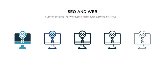 seo and web icon in different style vector illustration. two colored and black seo and web vector icons designed in filled, outline, line stroke style can be used for web, mobile, ui