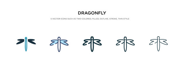 dragonfly icon in different style vector illustration. two colored and black dragonfly vector icons designed in filled, outline, line and stroke style can be used for web, mobile, ui