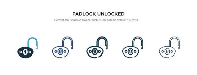 padlock unlocked icon in different style vector illustration. two colored and black padlock unlocked vector icons designed in filled, outline, line and stroke style can be used for web, mobile, ui