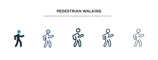 pedestrian walking icon in different style vector illustration. two colored and black pedestrian walking vector icons designed in filled, outline, line and stroke style can be used for web, mobile,