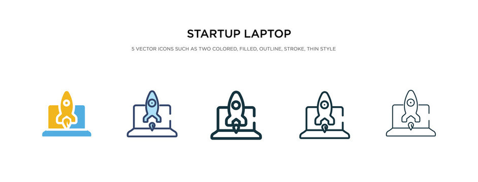 startup laptop icon in different style vector illustration. two colored and black startup laptop vector icons designed in filled, outline, line and stroke style can be used for web, mobile, ui