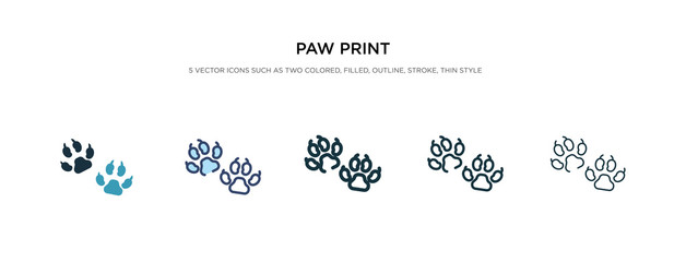 paw print icon in different style vector illustration. two colored and black paw print vector icons designed in filled, outline, line and stroke style can be used for web, mobile, ui