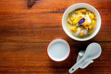 Pumpkins in coconut milk, a nice warm dessert. Pumpkin in coconut milk belongs to a class of dessert.,  Thai Name Pumpkin in sweet coconut milk., (Buak Phak Tong).,Thai poppula dessert