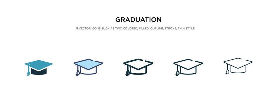 Graduation Icon In Different Style Vector Illustration. Two Colored And Black Graduation Vector Icons Designed In Filled, Outline, Line And Stroke Style Can Be Used For Web, Mobile, Ui