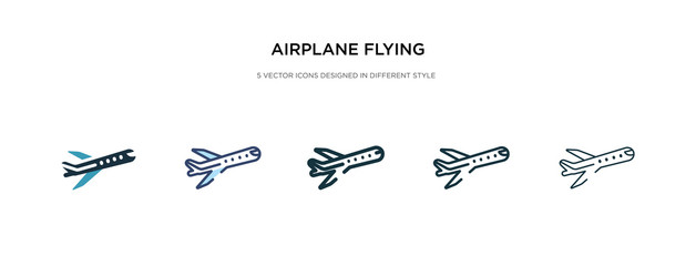 airplane flying icon in different style vector illustration. two colored and black airplane flying vector icons designed in filled, outline, line and stroke style can be used for web, mobile, ui