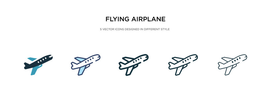 flying airplane icon in different style vector illustration. two colored and black flying airplane vector icons designed in filled, outline, line and stroke style can be used for web, mobile, ui