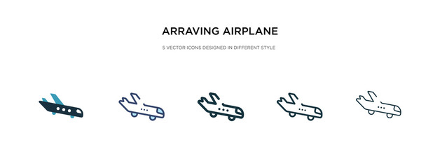 arraving airplane icon in different style vector illustration. two colored and black arraving airplane vector icons designed in filled, outline, line and stroke style can be used for web, mobile, ui