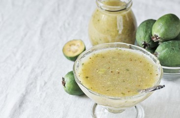 raw jam from feijoa. fruit feijoa ground with sugar, without heat treatment