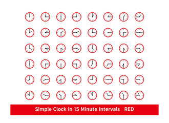 時計のアイコンセット 細かい 文字盤  15分刻み Simple Clock in 15 Minute Intervals 赤