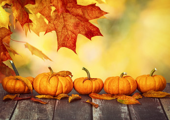 Mini pumpkins and autumn leaves with autumn bokeh
