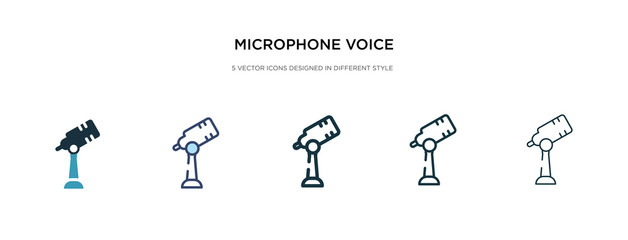 microphone voice icon in different style vector illustration. two colored and black microphone voice vector icons designed in filled, outline, line and stroke style can be used for web, mobile, ui