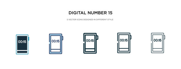digital number 15 icon in different style vector illustration. two colored and black digital number 15 vector icons designed in filled, outline, line and stroke style can be used for web, mobile, ui