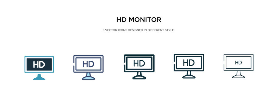 hd monitor icon in different style vector illustration. two colored and black hd monitor vector icons designed in filled, outline, line and stroke style can be used for web, mobile, ui