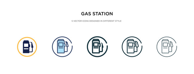 gas station icon in different style vector illustration. two colored and black gas station vector icons designed in filled, outline, line and stroke style can be used for web, mobile, ui