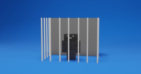 3D human cubes illustration of a person on prison in blue background