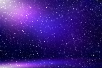 Fototapeta na wymiar Snow falling on dark violet 3d background. Winter night magical decoration. Secret shine in room abstract.