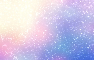 Snow falling on impressive bright background. Blue pink yellow formless gradient blurred pattern. Fairytale festive winter abstract graphic. Magical holographic colors.