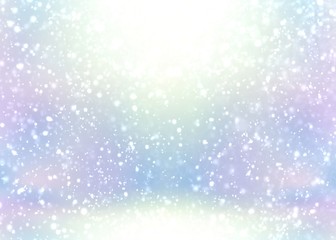Snow falling in icy room abstract 3d background. Incredible New Year bright light studio interior. Festive winter decor. Shiny blue lilac white iridescent soft pattern.