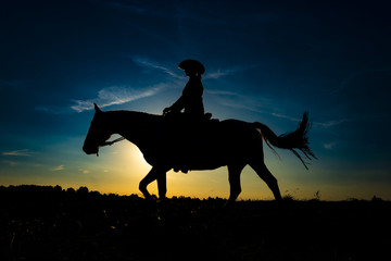 Silhouette cowgirl on horse at sunrise 1