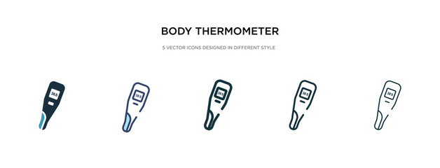 body thermometer icon in different style vector illustration. two colored and black body thermometer vector icons designed in filled, outline, line and stroke style can be used for web, mobile, ui