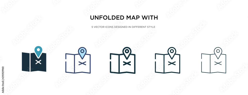 Poster unfolded map with location mark icon in different style vector illustration. two colored and black u