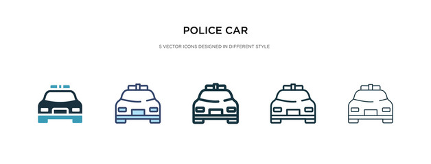police car icon in different style vector illustration. two colored and black police car vector icons designed in filled, outline, line and stroke style can be used for web, mobile, ui - obrazy, fototapety, plakaty