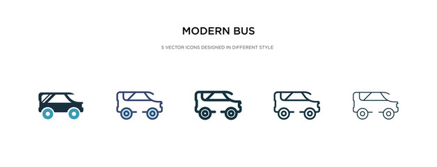 modern bus icon in different style vector illustration. two colored and black modern bus vector icons designed in filled, outline, line and stroke style can be used for web, mobile, ui