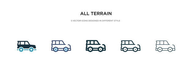 all terrain icon in different style vector illustration. two colored and black all terrain vector icons designed in filled, outline, line and stroke style can be used for web, mobile, ui