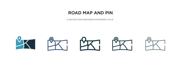 road map and pin icon in different style vector illustration. two colored and black road map and pin vector icons designed in filled, outline, line stroke style can be used for web, mobile, ui