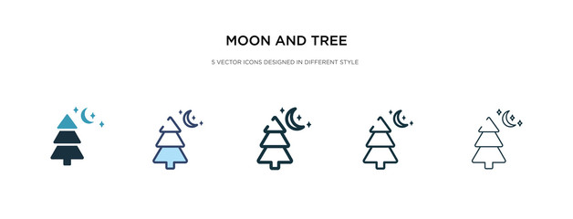 moon and tree icon in different style vector illustration. two colored and black moon and tree vector icons designed in filled, outline, line stroke style can be used for web, mobile, ui