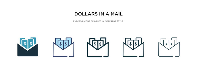 dollars in a mail icon in different style vector illustration. two colored and black dollars in a mail vector icons designed filled, outline, line and stroke style can be used for web, mobile, ui