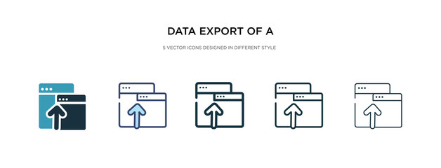 data export of a window with an arrow icon in different style vector illustration. two colored and black data export of a window with an arrow vector icons designed in filled, outline, line and