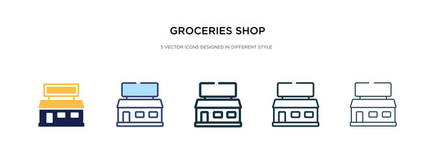 groceries shop icon in different style vector illustration. two colored and black groceries shop vector icons designed in filled, outline, line and stroke style can be used for web, mobile, ui