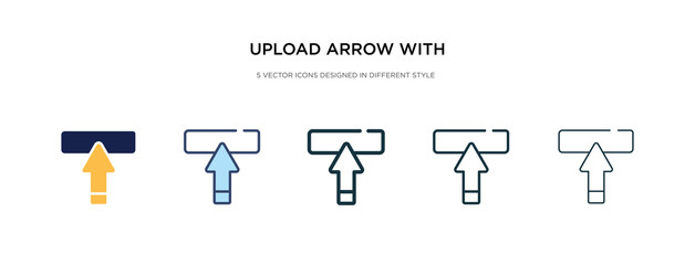 upload arrow with bar icon in different style vector illustration. two colored and black upload arrow with bar vector icons designed in filled, outline, line and stroke style can be used for web, - obrazy, fototapety, plakaty