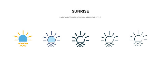 Fototapeta na wymiar sunrise icon in different style vector illustration. two colored and black sunrise vector icons designed in filled, outline, line and stroke style can be used for web, mobile, ui