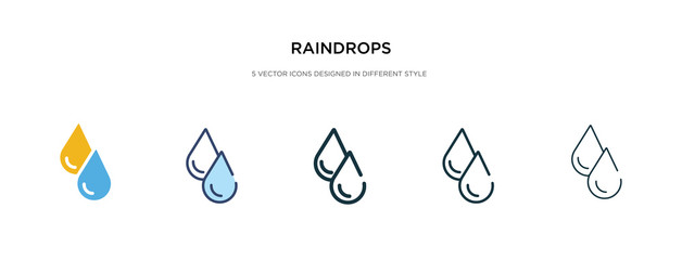 raindrops icon in different style vector illustration. two colored and black raindrops vector icons designed in filled, outline, line and stroke style can be used for web, mobile, ui