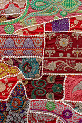 Detail old patchwork carpet. Close up, India