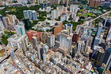 Drone fly over Hong Kong city