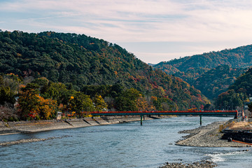 Uji-Gawa river and red bridge in Kyoto,Japan