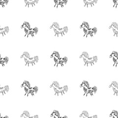 Seamless pattern of outline horse. Doodle seamless pattern of outline horse with floral elements on white background. Child illustration. Floral ornament. Vector design. Vector illustration