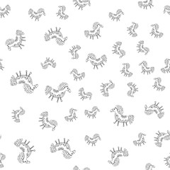 Fototapeta na wymiar Seamless pattern of outline horse. Doodle seamless pattern of outline horse with floral elements on white background. Child illustration. Floral ornament. Vector design. Vector illustration